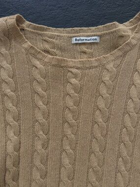 Reformation Cable-Knit Crewneck Sweater in Tan